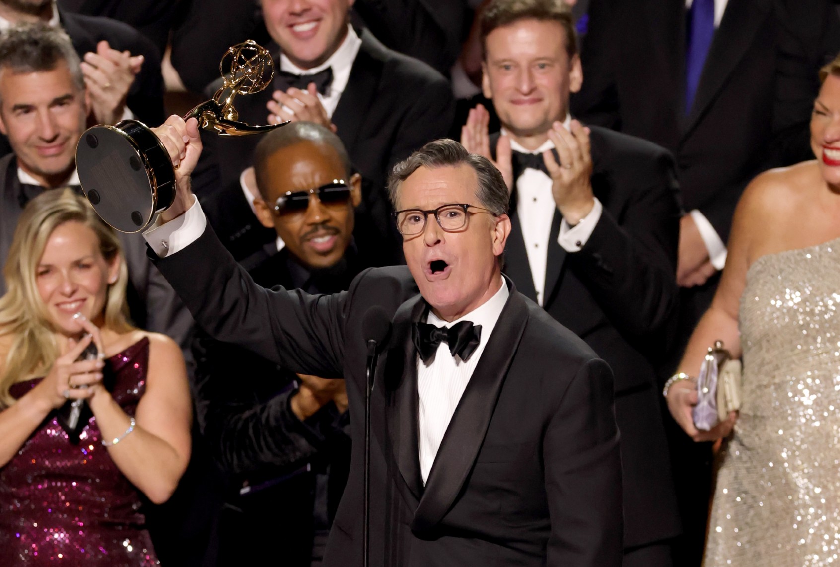 Stephen Colbert accepts the Outstanding Talk Series Award for "The Late Show with Stephen Colbert" during the 77th Primetime Emmy Awards on September 14, 2025 in Los Angeles, California. (Kevin Winter/Getty Images)