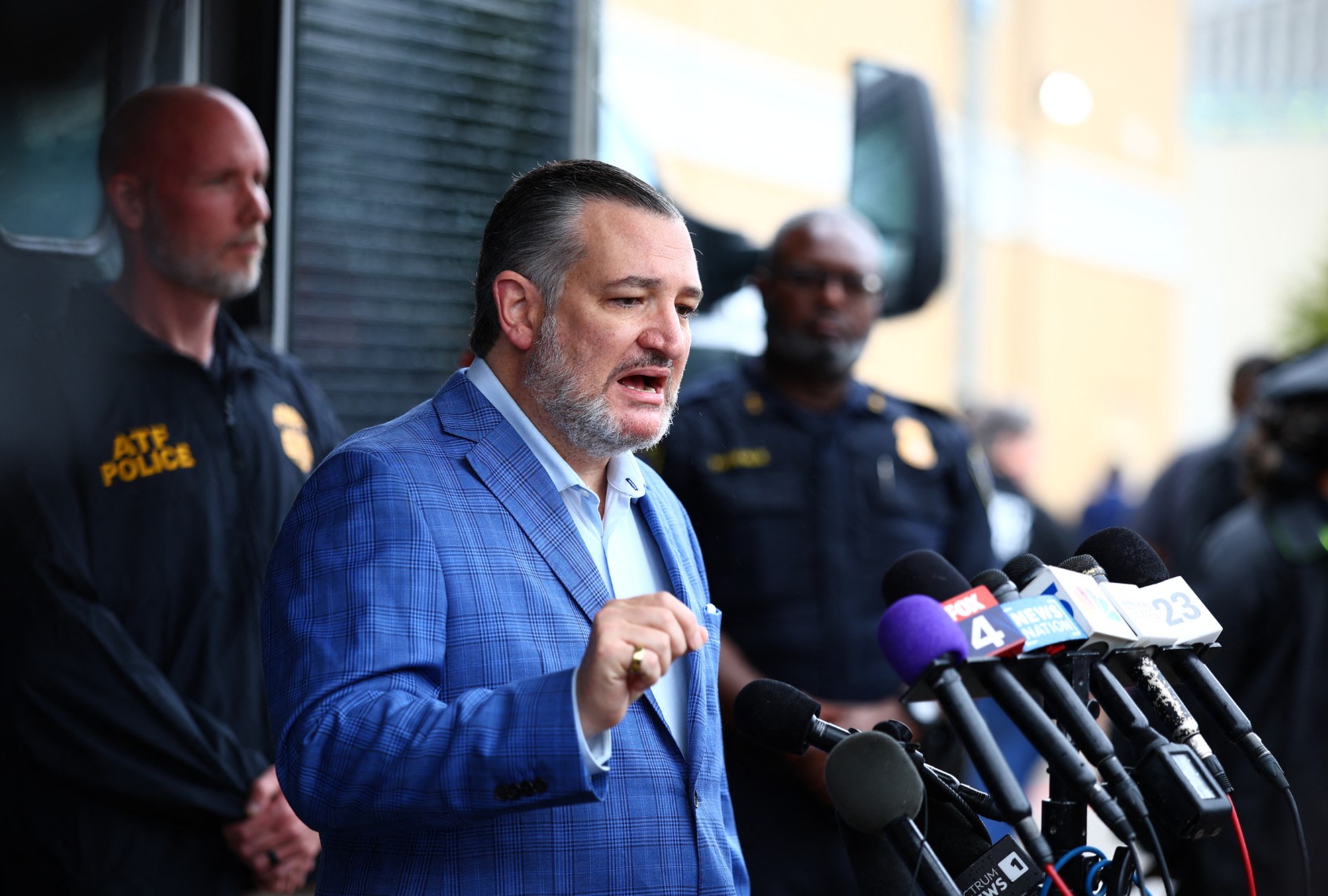 U.S. Senator Ted Cruz, Republican from Texas speaks during a press conference following a shooting at an ICE detention facility in Dallas, Texas, on September 24, 2025. (ARIC BECKER/AFP via Getty Images)