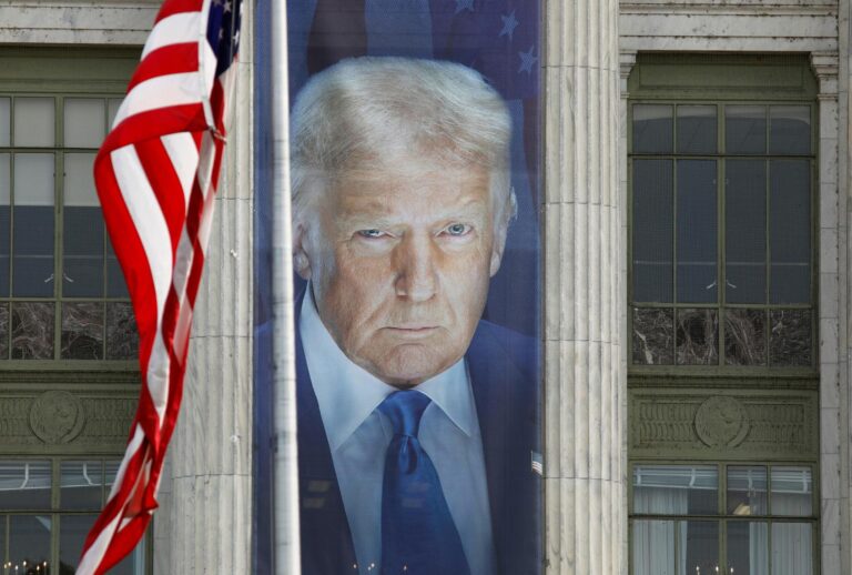 A banner showing a picture of U.S. President Donald Trump is displayed outside of the U.S. Department of Agriculture (USDA) building on June 3, 2025 in Washington, DC. (Kevin Carter/Getty Images)