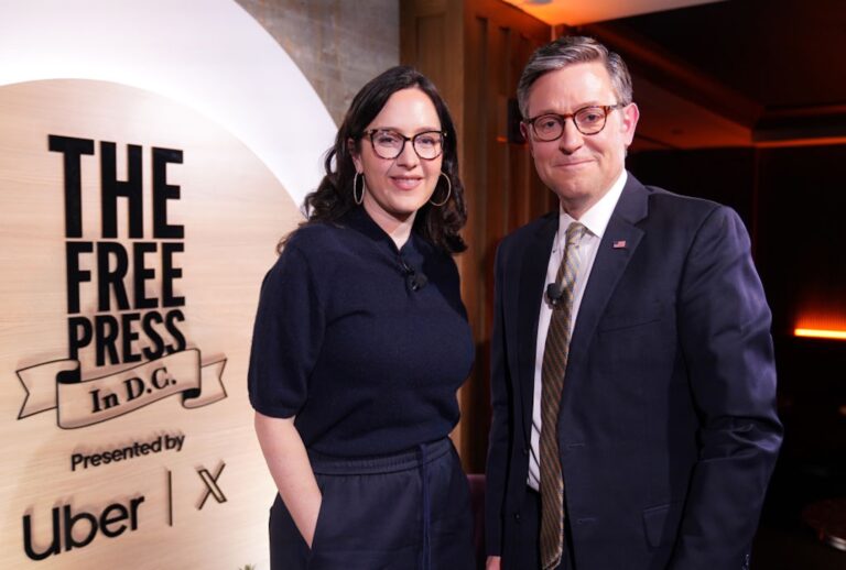 The Free Press' Bari Weiss hosts Speaker of the House Mike Johnson, R-La., for her "Honestly with Bari Weiss" podcast. (Leigh Vogel/Getty Images for Uber, X and The Free Press)