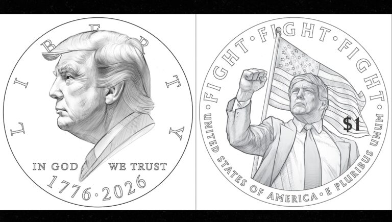 These drafts of the potential commemorative coin feature President Trump on the front and back. The US Treasury is proposing the coin to celebrate America's 250th anniversary and President Trump. (U.S. Treasury)