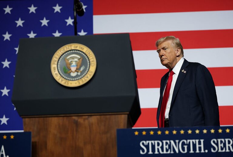 President Donald Trump arrives to speak to senior military leaders at Marine Corps Base Quantico on Sept. 30, 2025. (Alex Wong/Getty Images)