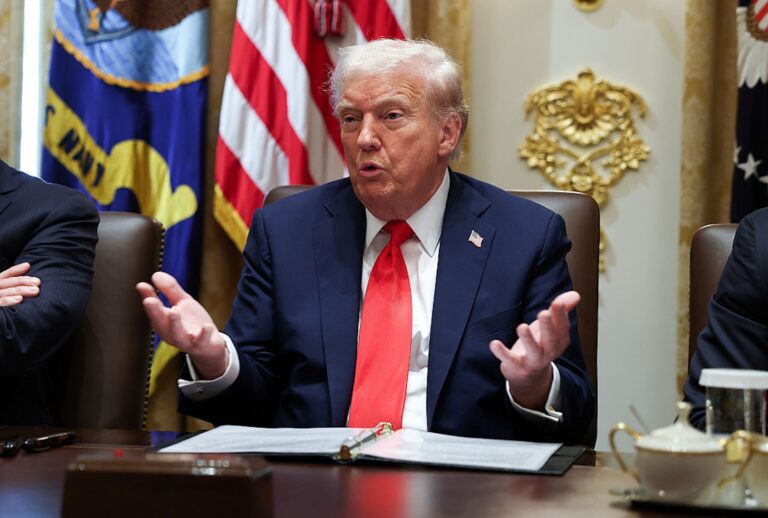 How far will Trump go to sell a lie? President Donald Trump speaks during a Cabinet meeting at the White House on Oct. 9, 2025. (Anna Moneymaker/Getty Images)
