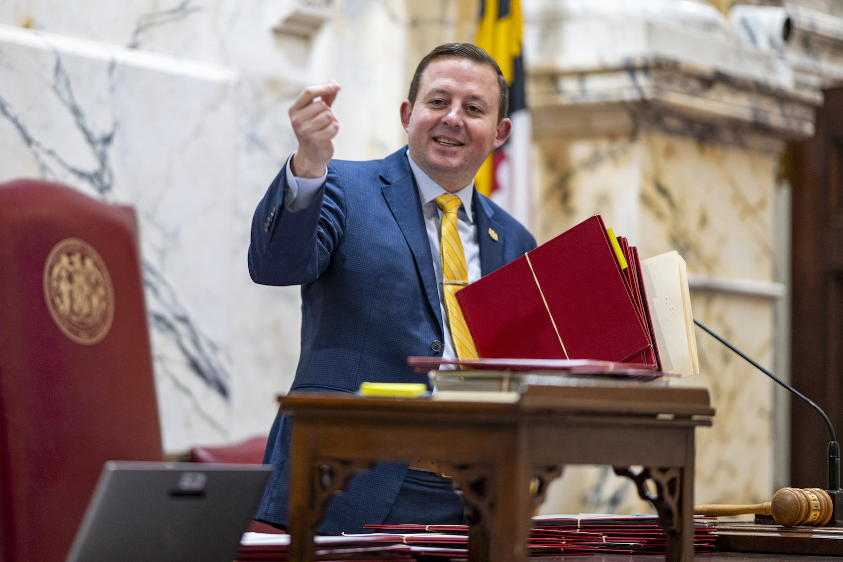 President of the Senate
Bill Ferguson (D) prepares as lawmakers work on the last day of the 90-day legislative session on April 7, 2025. (Photo by Jonathan Newton/for The Washington Post via Getty Images)