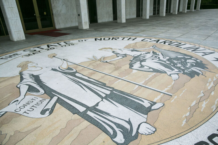 The great seal of North Carolina is seen outside the state legislature building in Raleigh, N.C., on Monday, May 9, 2016. (Photo By Al Drago/CQ Roll Call)