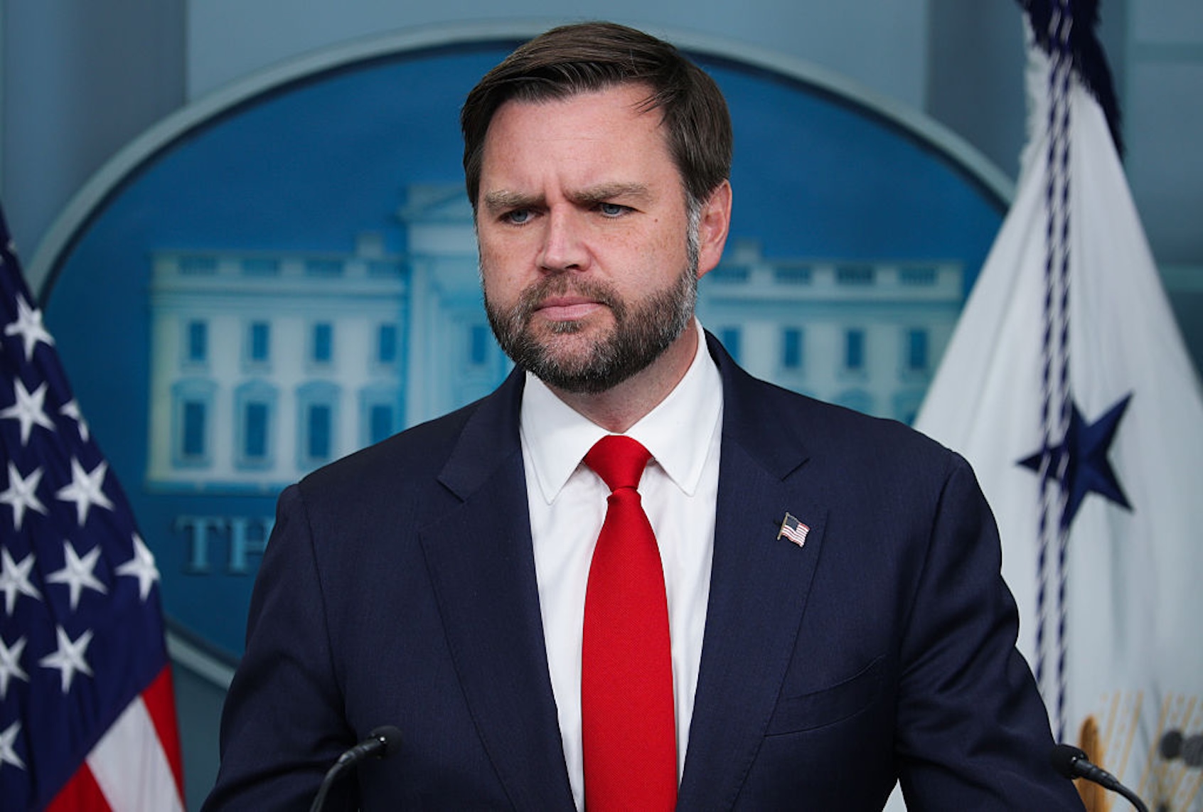 Vice President JD Vance takes questions from reporters about the government shutdown at the White House on Oct. 1, 2025. (Alex Wong/Getty Images)