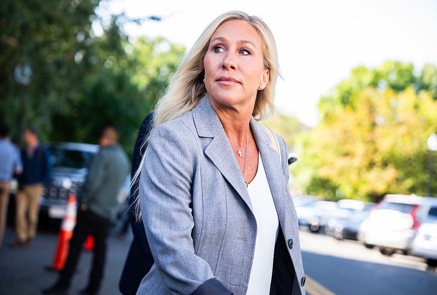 Rep. Marjorie Taylor Greene, R-Ga., leaves the Capitol Hill Club on Sept. 9, 2025. (Tom Williams/CQ-Roll Call, Inc via Getty Images)