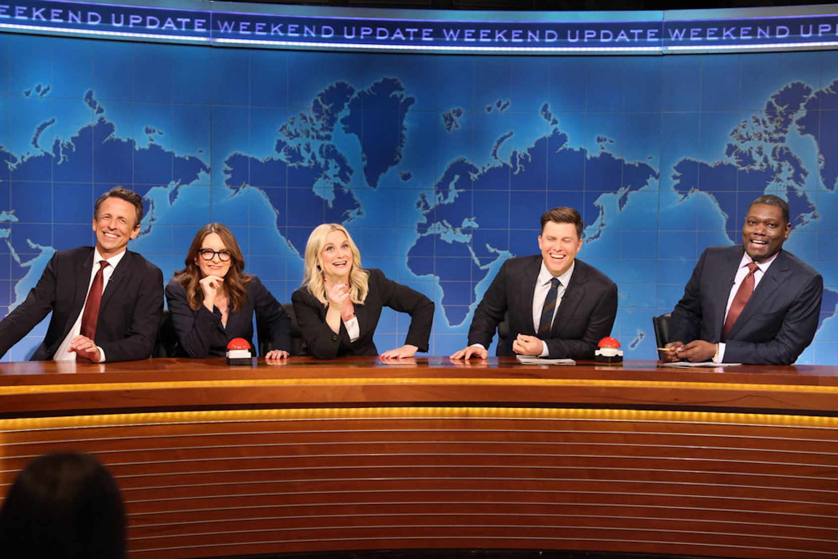Seth Meyers, Tina Fey, Amy Poehler, Colin Jost Michael Che during Weekend Update. (Photo by Will Heath/NBC)