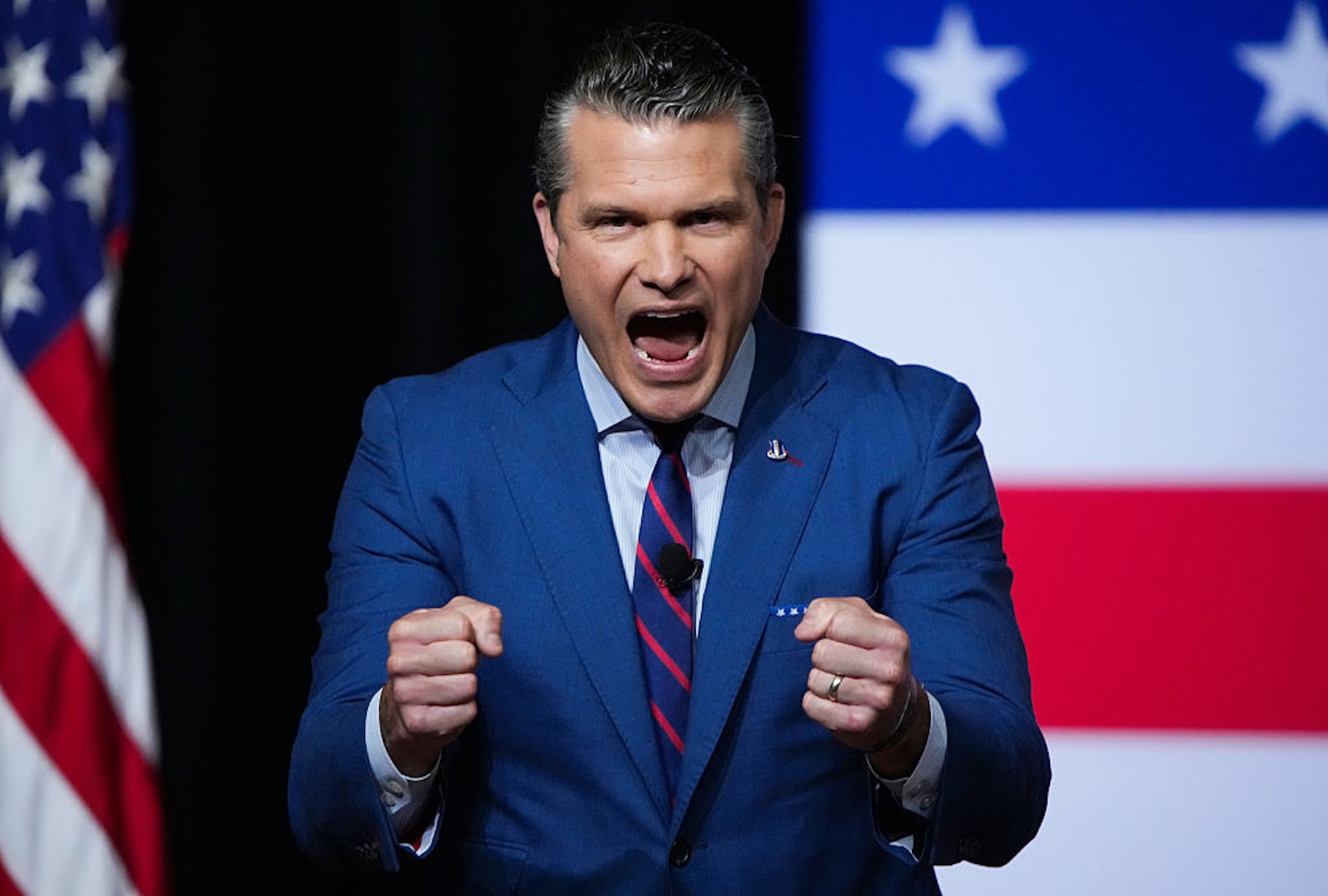 Defense Secretary Pete Hegseth speaks to senior military leaders at Marine Corps Base Quantico on Sept. 30, 2025. (Andrew Harnik/Getty Images)