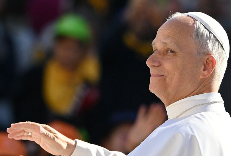 Pope Leo XIV greets pilgrims in St. Peter's Square on Oct. 11, 2025. (ALBERTO PIZZOLI/AFP via Getty Images)