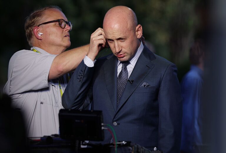 Stephen Miller prepares for a live TV interview with CNN at the White House on Oct. 6, 2025. (Anna Moneymaker/Getty Images)