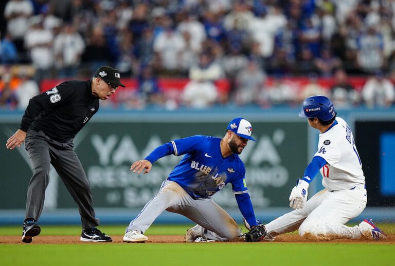 Isiah Kiner-Falefa of the Toronto Blue Jays tags out Shohei Ohtani of the Los Angeles Dodgers during the 2025 World Series. (Daniel Shirey/MLB Photos via Getty Images)