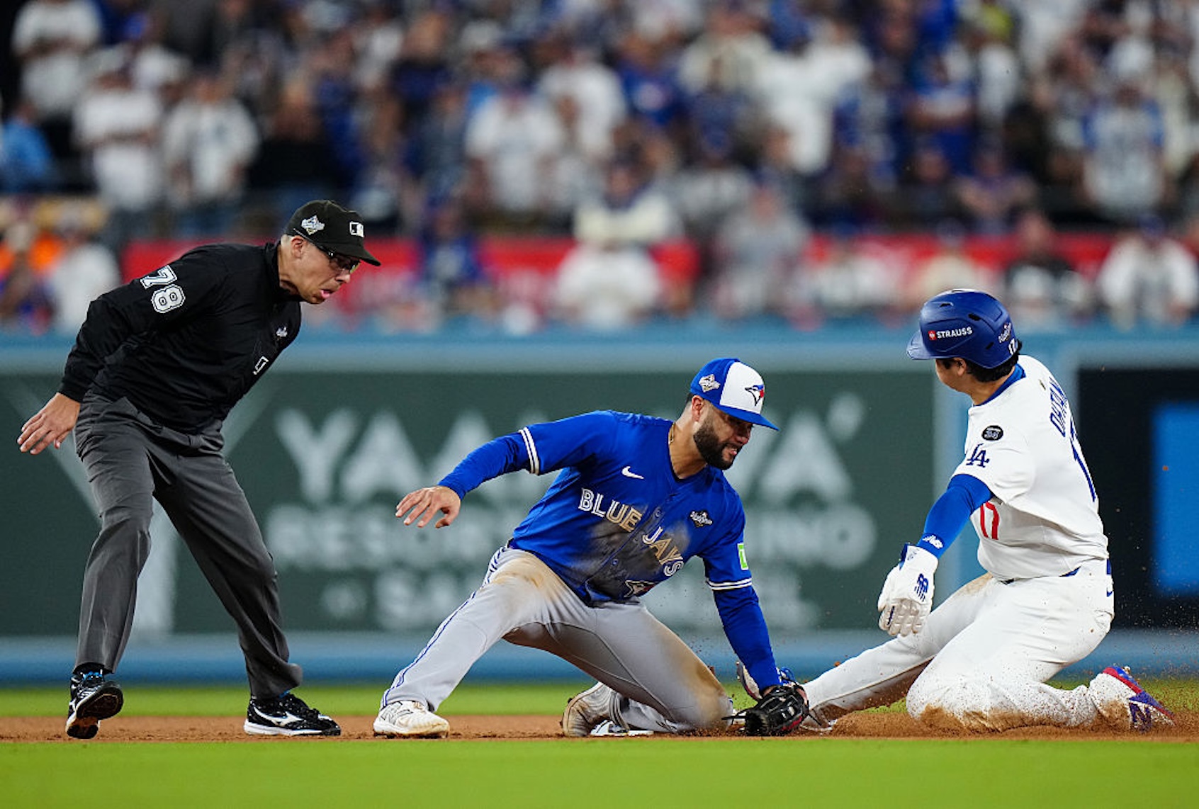 Isiah Kiner-Falefa of the Toronto Blue Jays tags out Shohei Ohtani of the Los Angeles Dodgers during the 2025 World Series. (Daniel Shirey/MLB Photos via Getty Images)