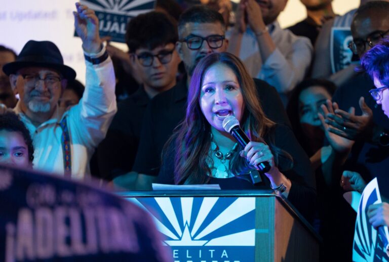 Rep.-elect Adelita Grijalva speaks at a primary election-night party at El Casino Ballroom on July 15, 2025 in South Tucson, Arizona. (Rebecca Noble/Getty Images)