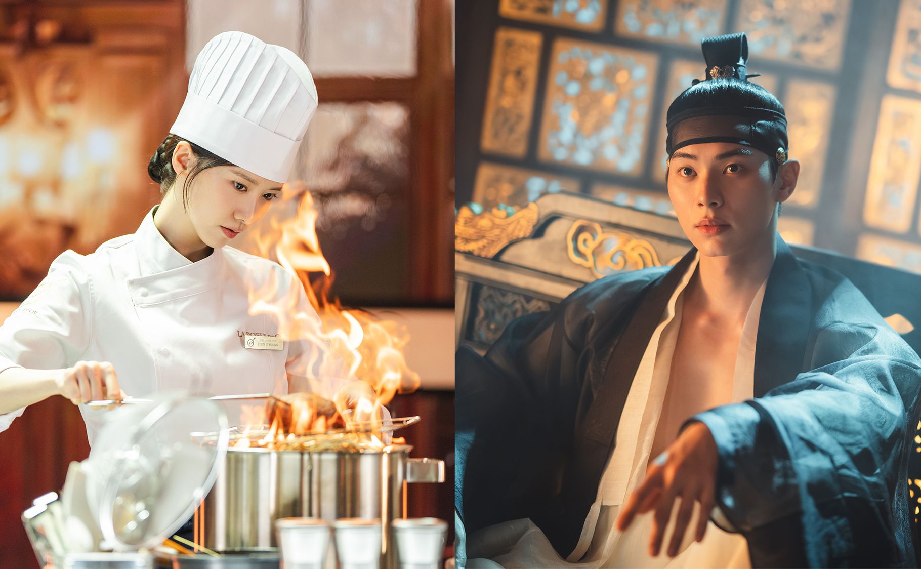 A modern female chef in chef whites and tocque grills a piece of meat over high flames. This is contrasted with the right half of the image that features an ancient Korean king sitting languidly on his throne. He's removed his ceremonial headgear and his dark robes fall carelessly open