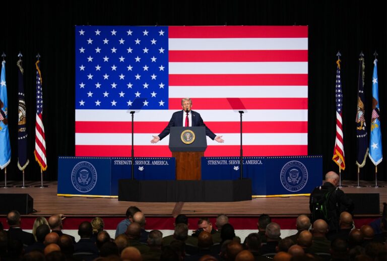 U.S. President Donald Trump speaks to senior military leaders at Marine Corps Base Quantico on September 30, 2025 in Quantico, Virginia. (Andrew Harnik/Getty Images)
