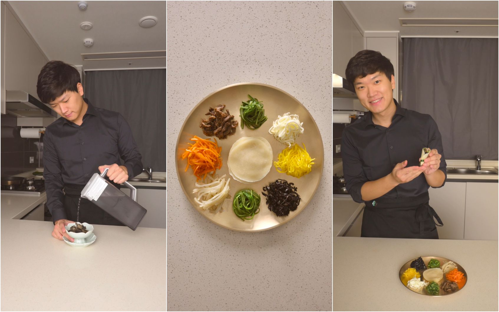 In a humble home kitchen, a young man clad in black prepares a colorful Korean meal that's arrayed around the perimeter of a round dish - like numbers on an analog clock - and then demonstrates how to eat it.