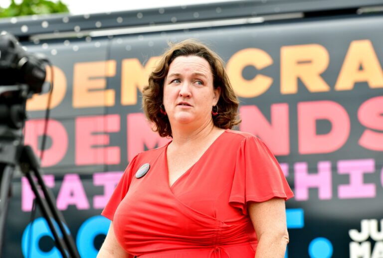 Katie Porter speaks at the "Just Majority" Irvine Press Conference on May 28, 2023 in Los Angeles, California. (Jerod Harris/Getty Images for Demand Justice)
