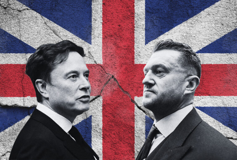 Elon Musk and Stephen Yaxley-Lennon, aka Tommy Robinson (Photo illustration by Salon/Getty Images/Patrick T. Fallon/Thomas Krych/Anadolu/Tuomas A. Lehtinen)
