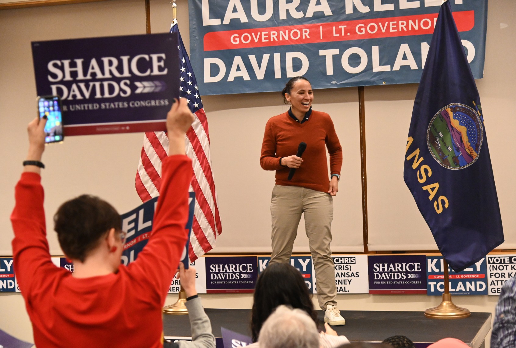 U.S. Rep. Sharice Davids, D-Kan., speaks to volunteers and supporters during a Meet Me in the Middle Tour rally at Tomahawk Hill Golf Course on November 6, 2022 in Shawnee, Kansas. (Michael B. Thomas/Getty Images)