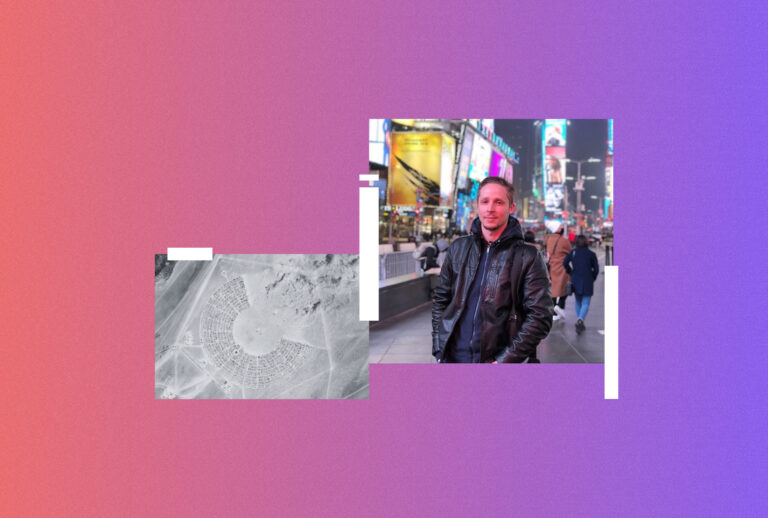 Vadim Kruglov in Times Square. At left, an aerial view of Black Rock City, the temporary desert site of Burning Man. (Photo illustration by Salon / Getty Images / Maxar / Courtesy Kruglov Family)