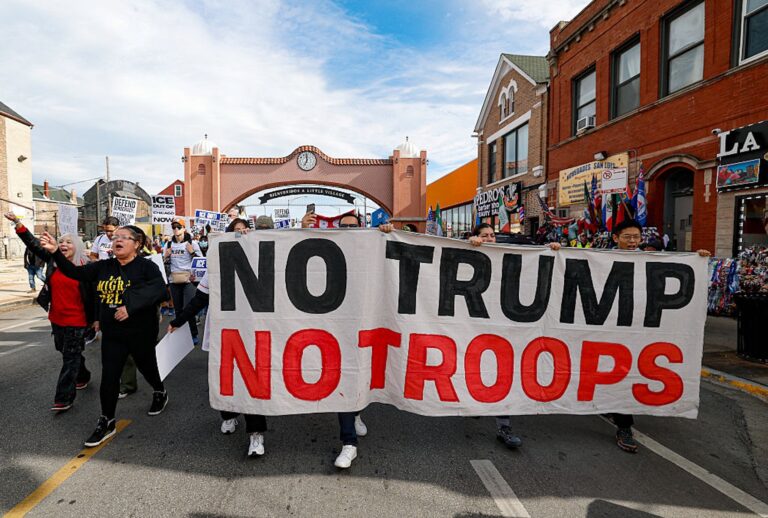 Protesters in Chicago march against ICE and the National Guard on Oct. 25, 2025. ( KAMIL KRZACZYNSKI/AFP via Getty Images)