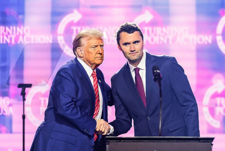 Donald Trump and Charlie Kirk at America Fest 2024 in Phoenix, Arizona. (JOSH EDELSON/AFP via Getty Images)