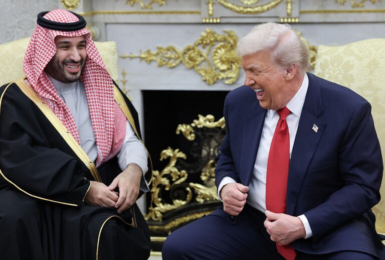 President Donald Trump jokes with Crown Prince Mohammed bin Salman of Saudi Arabia in the Oval Office on Nov. 18, 2025. (Win McNamee/Getty Images)
