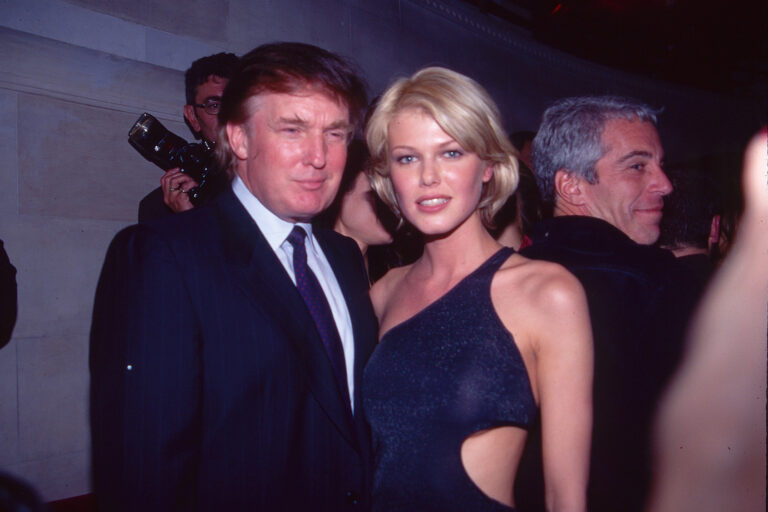 President Donald Trump, Belgian model Ingrid Seynhaeve, and American businessman Jeffrey Epstein attend the Victoria's Secret “Angels” party on April 28, 1997. (Sonia Moskowitz/Getty Images)
