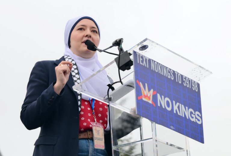 PHILADELPHIA, PENNSYLVANIA - JUNE 14: U.S. Rep. Ruwa Romman attends as people protest in Philadelphia as part of the No Kings Rallies at Love Park on June 14, 2025 in Philadelphia, Pennsylvania. (Photo by Lisa Lake/Getty Images for No Kings)