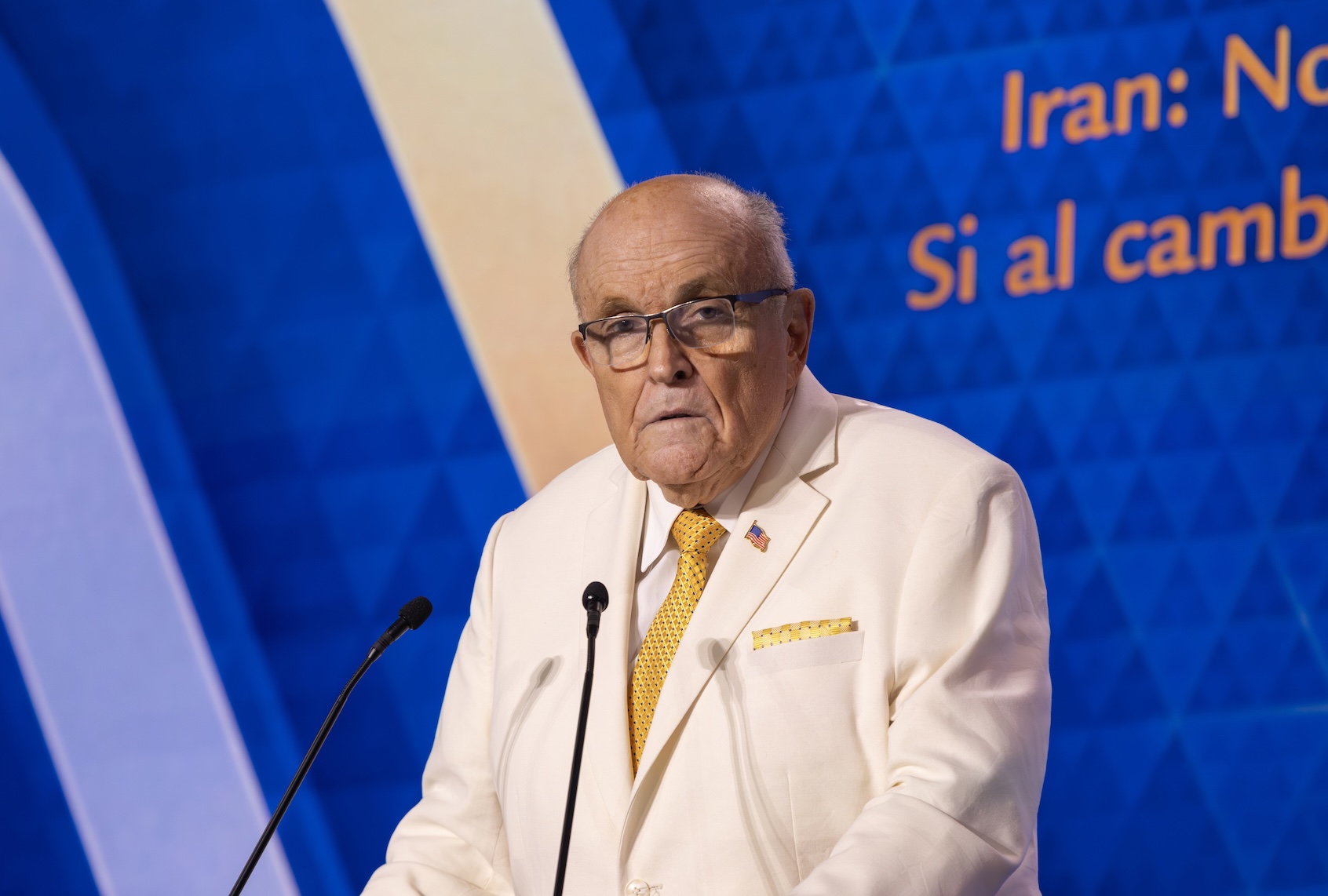 Rudy Giuliani, former Mayor of New York City addresses at the Free Iran World Summit 2025. (Photo by Siavosh Hosseini/SOPA Images/LightRocket via Getty Images)