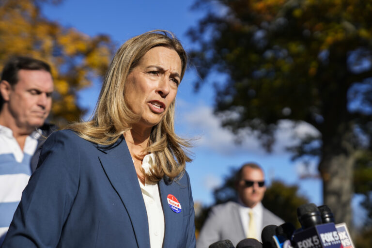 Mikie Sherrill (D-NJ), speaks to the media after casting her vote on November 4, 2025. (Photo by Eduardo Munoz Alvarez/Getty Images)