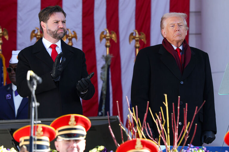 Vice President J.D. Vance (L) and President Trump spoke at the annual Arlington National Cemetery. They emphasized service members’ ongoing sacrifices amid continued funding issues for the Veterans Administration.