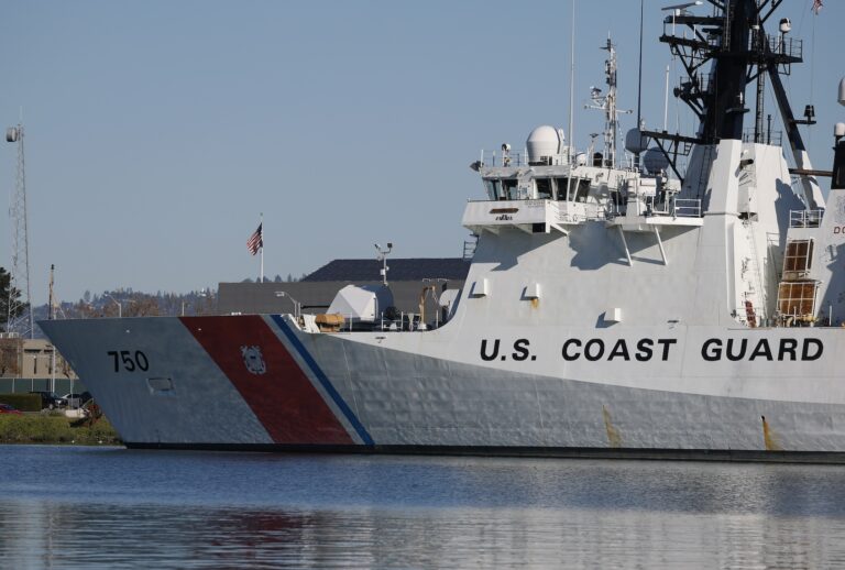 ALAMEDA, CALIFORNIA - NOVEMBER 21: A U.S. Coast Guard cutter sits docked at Coast Guard Island Alameda on November 21, 2025 in Alameda, California. In response to mounting public and congressional backlash, the U.S. Coast Guard reversed a proposed policy that would have called swastikas and nooses “potentially divisive,” reinstating a strict prohibition on those symbols as “divisive or hate symbols” under its updated guidance. (Photo by Justin Sullivan/Getty Images)