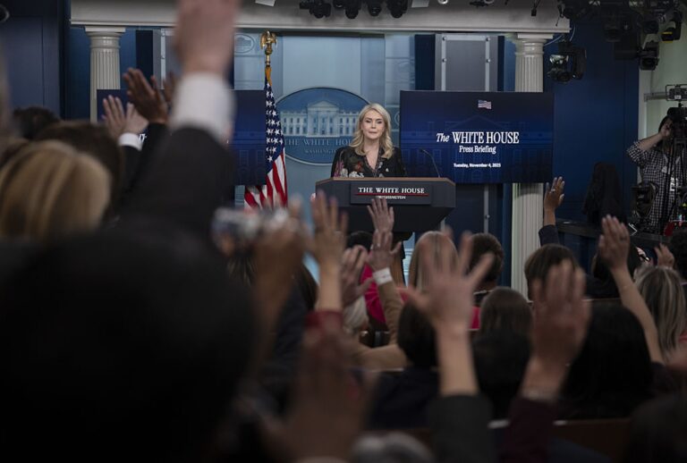 Karoline Leavitt takes questions at the White House on Nov. 4, 2025. (Celal Gunes/Anadolu via Getty Images)
