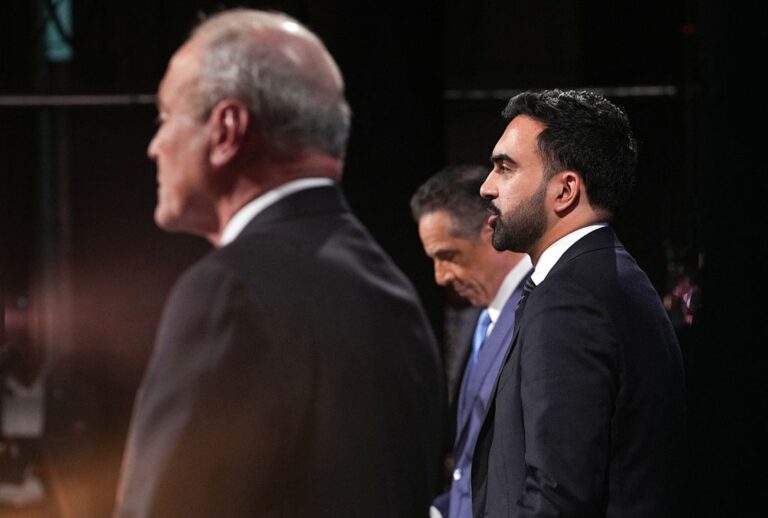 Zohran Mamdani (D), Curtis Sliwa (R) and former New York Gov. Andrew Cuomo (I) participate in the second New York City mayoral debate on Oct. 22, 2025. (HIROKO MASUIKE/POOL/AFP via Getty Images)