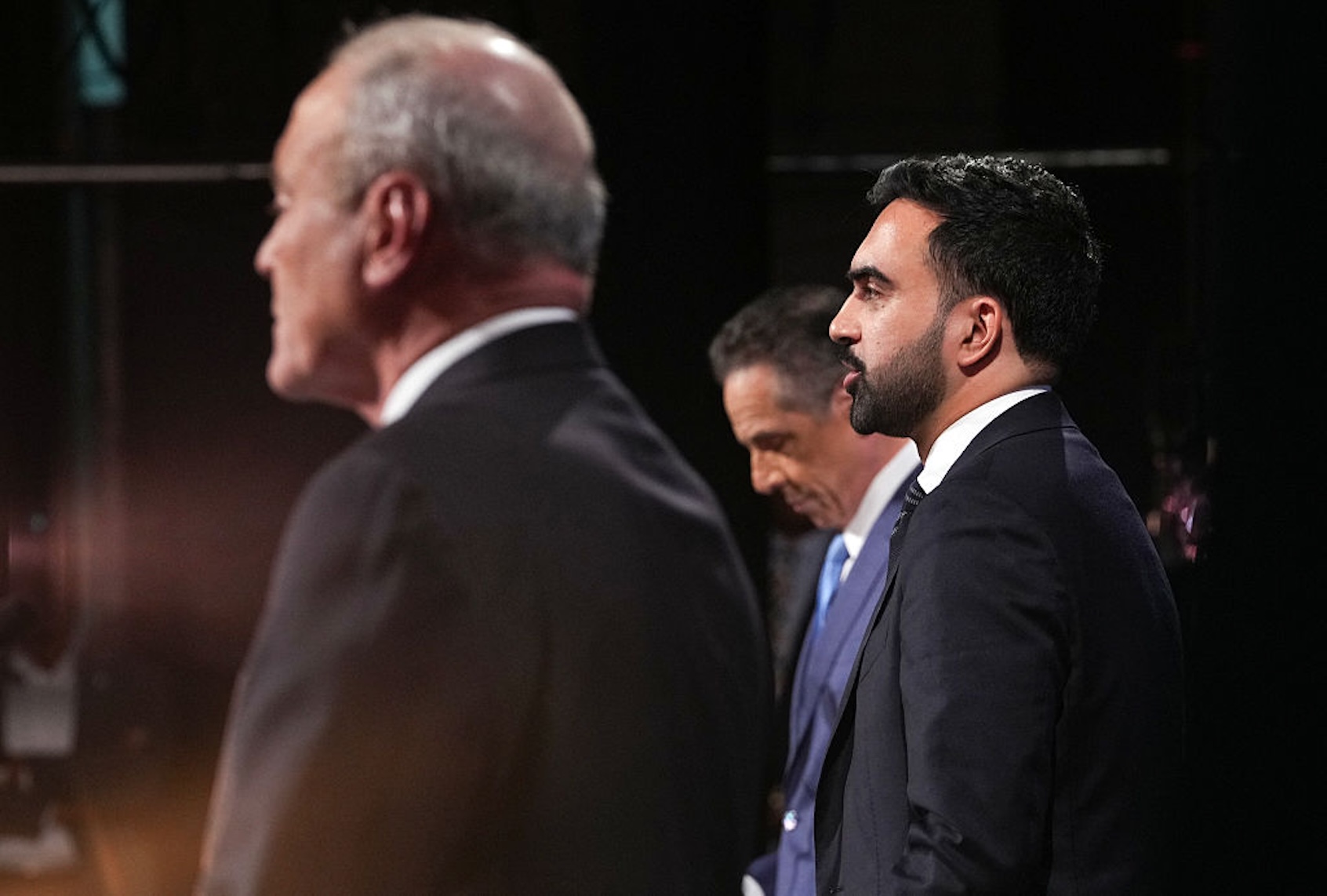 Zohran Mamdani (D), Curtis Sliwa (R) and former New York Gov. Andrew Cuomo (I) participate in the second New York City mayoral debate on Oct. 22, 2025. (HIROKO MASUIKE/POOL/AFP via Getty Images)