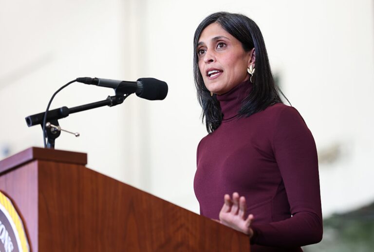Second Lady Usha Vance delivers remarks to military personnel and their families in Jacksonville, North Carolina, on Nov. 19, 2025. (Anna Moneymaker/Getty Images)