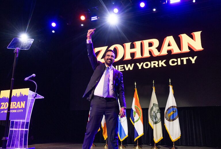 New York City Mayor-Elect Zohran Mamdani delivers remarks at his election night victory party on Nov. 4, 2025. (Andrew Lichtenstein/Corbis via Getty Images)