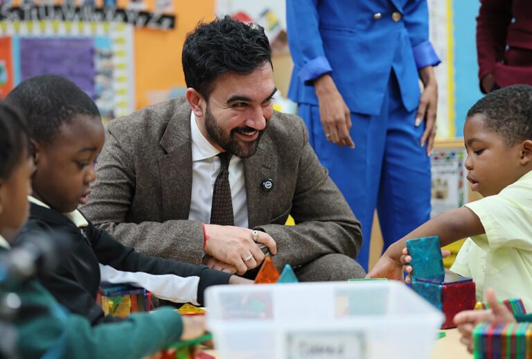 New York City Mayor-Elect Zohran Mamdani interacts with pre-K students on Nov. 13, 2025 in Flatbush, Brooklyn. (Michael M. Santiago/Getty Images)