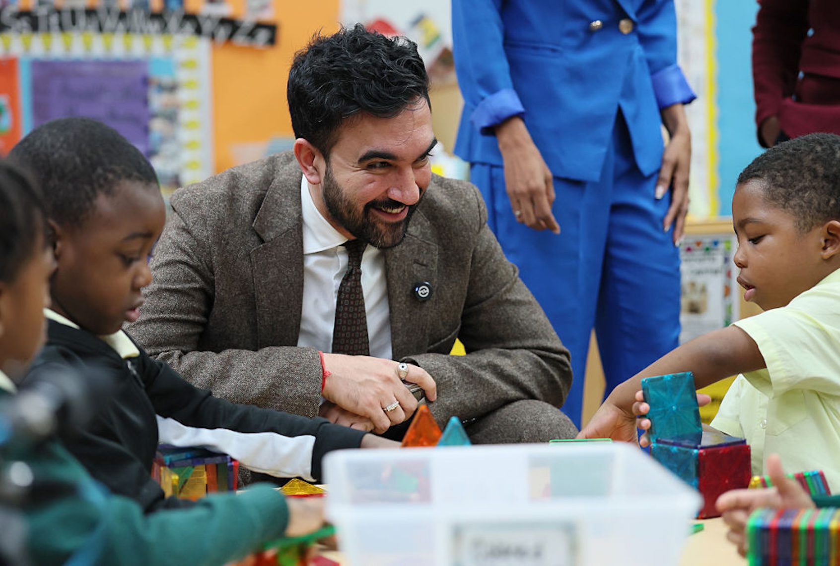 New York City Mayor-Elect Zohran Mamdani interacts with pre-K students on Nov. 13, 2025 in Flatbush, Brooklyn. (Michael M. Santiago/Getty Images)
