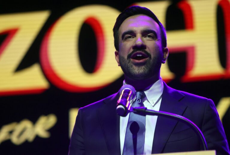 NEW YORK, NEW YORK - NOVEMBER 04: New York City Democratic mayoral candidate Zohran Mamdani celebrates as he takes the stage at his election night watch party at the Brooklyn Paramount on November 4, 2025 in the Brooklyn borough of New York City. Mamdani defeated Independent candidate Andrew Cuomo and Republican candidate Curtis Sliwa in the closely watched election for New York City mayor. (Photo by Spencer Platt/Getty Images)