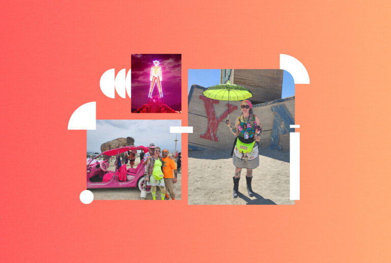 Maureen Maples with friends at Burning Man 2025. (Photo illustration by Salon / Getty Images / Carlos Avila Gonzalez / The San Francisco Chronicle / Photos Courtesy of Maureen Maples)