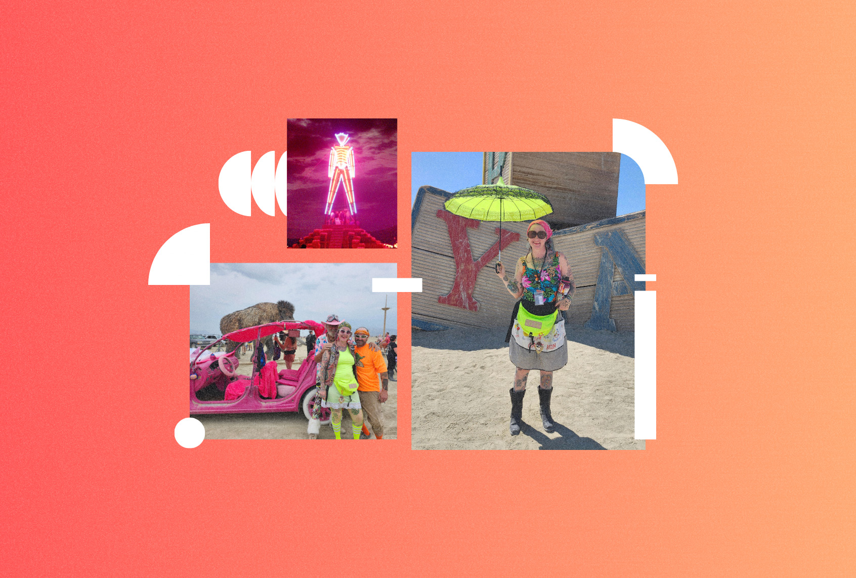 Maureen Maples with friends at Burning Man 2025. (Photo illustration by Salon / Getty Images / Carlos Avila Gonzalez / The San Francisco Chronicle / Photos Courtesy of Maureen Maples)