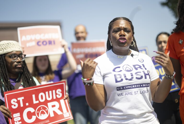 ST LOUIS, MISSOURI - AUGUST 6: US Congresswoman Cori Bush (D-MO) makes remarks as she greets voters during a visit at Carondolet Branch Library on August 6, 2024 in St Louis, Missouri. Bush is looking to retain her seat in Congress against challenger Wesley Bell in todays Missouri's primary election. (Photo by Michael B. Thomas/Getty Images)