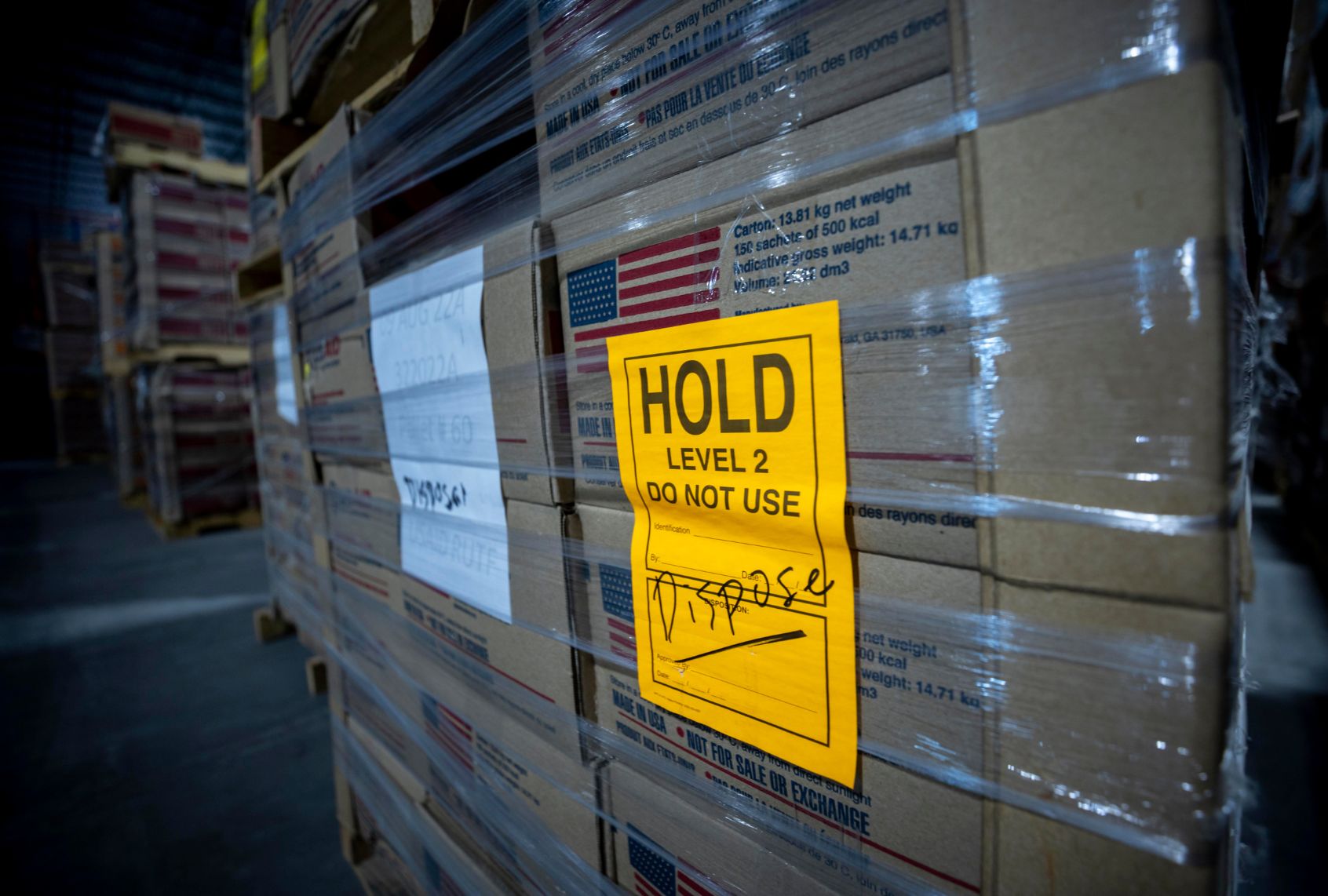 Pallets of USAID Ready-to-Use Therapeutic Food for children are marked for disposal, Wednesday July 30, 2025, at the MANA Nutritional warehouse in Pooler, Ga. (Stephen B. Morton for The Washington Post via Getty Images)