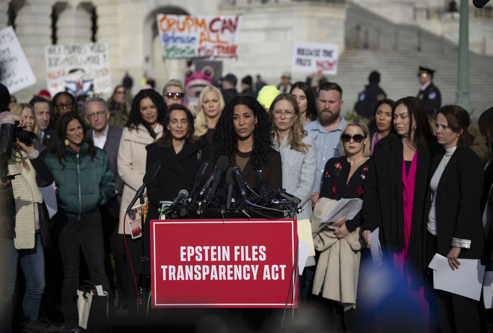 Epstein abuse survivor Lisa Phillips speaks during the press conference on the Epstein Files Transparency Act at the US Capitol in Washington, DC, on November 18, 2025. (Celal Gunes/Anadolu via Getty Images)