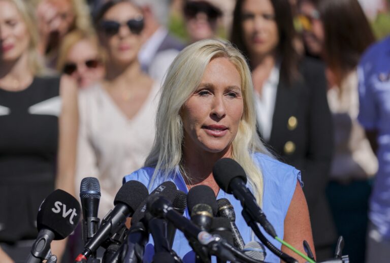 U.S. Representative Marjorie Taylor Greene (R-GA) speaks at a press conference alongside alleged victims of Jeffrey Epstein at the U.S. Capitol in Washington, D.C. on September 3, 2025, announcing the Epstein Files Transparency Act, which calls for the release of all unclassified documents in the Jeffrey Epstein case. (Photo by Bryan Dozier / Middle East Images via AFP)