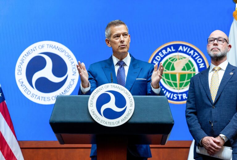 WASHINGTON, DC - NOVEMBER 05: U.S. Transportation Secretary Sean P. Duffy and FAA Administrator Bryan Bedford hold a press conference at the U.S. Department of Transportation Headquarters on November 05, 2025 in Washington, DC. Secretary Duffy and FAA Administrator Bedford spoke of the need to cut thousands of flights due to lack of FAA staffing at airports because of the ongoing government shutdown. (Photo by Tasos Katopodis/Getty Images)