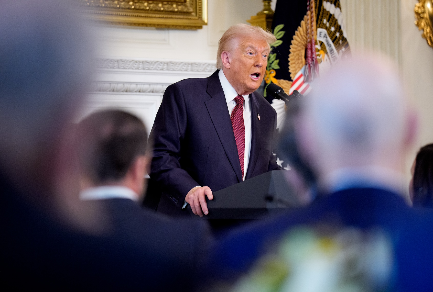 WASHINGTON, DC - NOVEMBER 5: U.S. President Donald Trump speaks to Senate Republicans at a breakfast in the State Dining Room of the White House on November 5, 2025 in Washington, DC. Trump is speaking with Republican senators as the U.S. government shutdown has reached day 36. (Photo by Andrew Harnik/Getty Images)